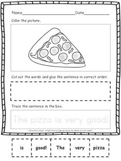 a worksheet with the words pizza on it and an image of a slice of pizza