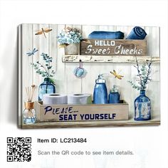 a wooden shelf with blue vases and towels on it's sides, next to a qr code to see item details