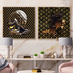 two paintings on the wall in a living room