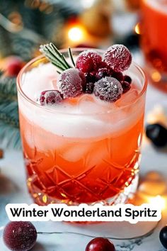 a winter wonderland spritz cocktail with cranberries on the rim