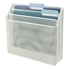 a clear plastic file holder with four folders in it