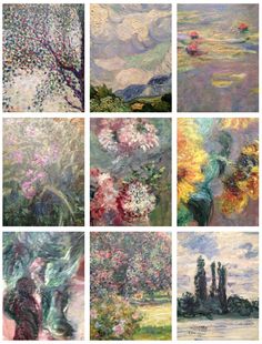 six paintings of flowers and trees in different colors