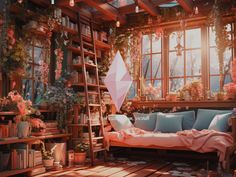 a living room filled with lots of furniture and flowers on the windows sill next to a ladder