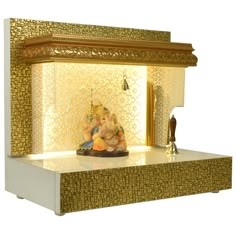 a small statue is sitting on top of a shelf in the shape of a temple