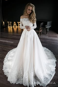 Off-the-shoulder A-line wedding dress Olivia - oliviabottega Wedding Dress Cinderella, Boho Wedding Dress With Sleeves, Olivia Bottega, Pnina Tornai, Pink Wedding Dresses, Stella York, Cute Wedding Dress