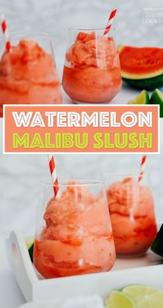 watermelon malibu slush is served in glasses with strawberries and limes