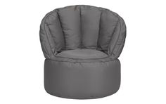 a grey bean bag chair sitting on top of a white floor