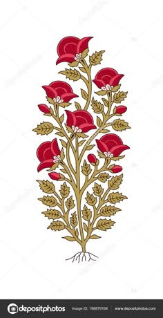 a red flower with green leaves and roots on a white background, in the form of a drawing