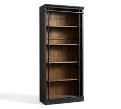 an empty wooden bookcase on a white background