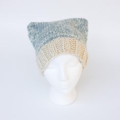 Hand Knit Adult Beanie / Marled Beanie / Cat Ear Hat / Chunky Knit Cat Beanie / Winter Hat Sage and Cream Marled Chunky Knit Cat Ear Beanie - Hand knit - Wool, alpaca, and acrylic - Size 5 - 12 years - Care: hand wash in cold water, lay flat to dry. Knitted One Size Mini Hats For Winter, One Size Knitted Brimmed Mini Hat, Knitted One Size Mini Cap, One Size Knitted Beanie Mini Hats, One Size Knitted Mini Cap, Knitted Mini Hat With Curved Brim One Size, Warm Cat Ears Hat One Size Fits Most, Handmade Casual Cat Ears Hat, Adjustable Winter Beanie With Cat Ears