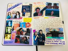 an open notebook with many pictures and words on the pages, including images from movies