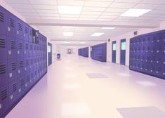 an empty room with purple lockers in the middle and white flooring on the other side