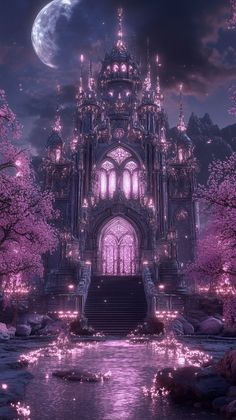 a fantasy castle is lit up at night with pink lights in the trees and water