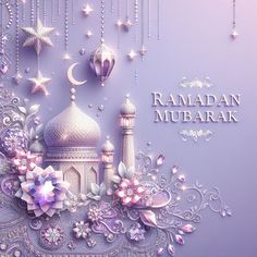 the ramadan mubarak greeting card is decorated with flowers, stars and lanterns