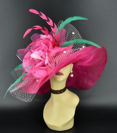 "✿*.Key Features.*✿ This is a wide floopy brim Hat with jumbo silk flower and veil, elegant, beautiful. Great for Kentucky derby, weddings, church, Easter, Royal Ascot, horse races, cocktails, tea party, or any hat wearing occasion. Hat base size: From front to back appr: 20.5\" (52cm) From left to right appr: 20.5\" (52cm) Wide brim Appr: 6.5~8\"\" Head girth: 22.5\"(57cm), adjustable string inside to make smaller to fit your head. If you want other colors in this style, just search the same it Pink Short Brim Sun Hat For Church, Whimsical Short Brim Hat For Kentucky Derby, Whimsical Hat With Short Brim For Kentucky Derby, Whimsical Summer Hats For Races, Whimsical Costume Hats For Races In Summer, Whimsical Summer Costume Hats And Headpieces For Races, Whimsical Summer Costume Hats For Races, Whimsical Curved Brim Hats For Races, Whimsical Hats With Curved Brim For Races