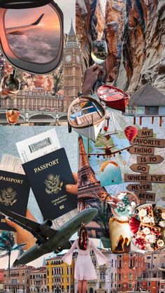 collage of travel related images including an airplane, buildings and a person holding a passport