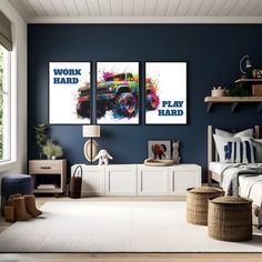 a bedroom decorated in blue and white with two posters on the wall above the bed