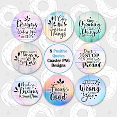 six buttons with different sayings on them