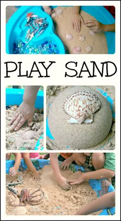 kids playing in the sand with their hands and feet on an ocean themed play sand