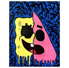 a painting of spongebob hugging his face with blue and pink paint drips on it