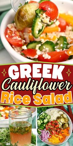 greek cauliflower rice salad is shown in this collage with the words, greek cauliflower rice salad