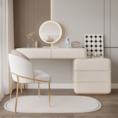 a white desk with a mirror, chair and rug in front of the door to another room