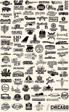 a large collection of logos and emblems in black and white, with the words chicago written