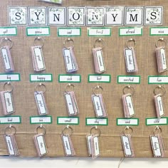 a bulletin board with name tags attached to it's sides and words on them