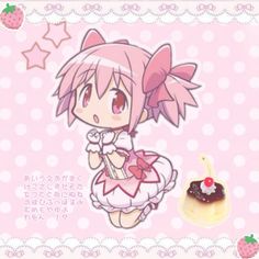 an anime character holding a piece of cake in front of a pink polka dot background