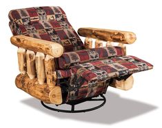 a chair made out of logs with an animal pattern on the back and footrests