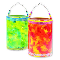 two brightly colored buckets with beaded handles and handles, each decorated in different colors