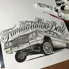 a drawing of an old car with the words tattoo bad on it's side