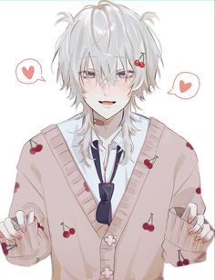 an anime character with white hair wearing a pink sweater and tie, holding two cherries in his hands