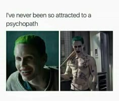 two pictures of the same person with green hair and tattoos on their chest, one is wearing