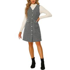 This tweed v-neck design overall dress looks charming with a solid color blouse. Occasion: Daily Wear, Going Out, Weekend Gatherings, Dating, Work, Shopping, etc. The model is wearing an X-Small. (Height: 5'8", Chest: 31 7/8 inches, Waist: 23 1/4 inches, Hip: 36 5/8 inches, Shoulder Length: 16 1/8 inches, Weight: 124.5 lbs) Measurement (in inches) International Size----------Chest Girth----------Waist Girth----------Shoulder Width----------Length XS------------------------------35 7/8----------- Casual Tweed Dress For Fall Workwear, Casual Tweed Dress With Button Closure For Spring, Casual Spring Tweed Dress With Button Closure, Casual Tweed Dress For Fall, Casual Tweed Dresses For Winter, Sleeveless Tweed Dress For Fall, Casual Winter Tweed Dress, Casual Tweed Dress With Button Closure For Work, Casual Sleeveless Tweed Dress For Work