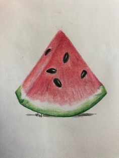 a drawing of a slice of watermelon with seeds on it's side