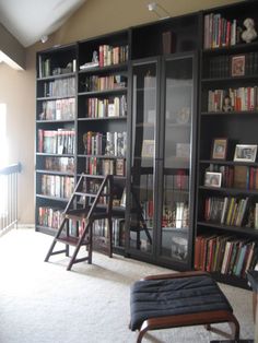 a living room filled with lots of books on black bookcases next to a window