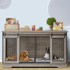 rustic gray tv stand double dog crate furniture with sliding barn doors Dog Kennel End Table, Wood Dog Crate, Cat Crate