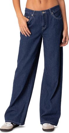 EDIKTED Pinstripe Wide Leg Low Rise Jeans | Nordstrom Pinstripe Pants Outfit, Pinstripe Jeans, Pinstripe Pants, Striped Jeans, Street Style Chic, Feminine Outfit, Low Rise Jeans, Wide Legs, Pants Outfit