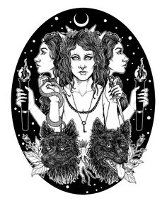 a woman with two cats in her hands and the moon above her head, surrounded by other women