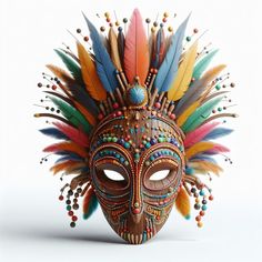 a mask with feathers and beads on the face is shown in front of a white background