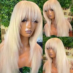 613 Blonde Non-Lace Layered Straight Machine Made Lightweight Human Ha Wig With Fringe, Layer Cut, Birthday Fit, Air Bangs, Blonde Layers, Fringe Bangs, 613 Blonde, Wolf Cut, Colored Wigs