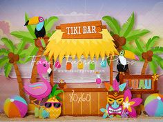 there is a tiki bar with tropical decorations on the front and side wall behind it