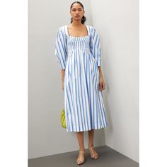 Multicolored stripe (100% Organic Cotton). Casual dress. 3/4 sleeves. Square neck. Side zipper closure. 47.5" from shoulder to hemline. Imported. Striped Midi Dress For Brunch, Cotton Casual Dress, Rent The Runway, Closet Designs, Square Neck, Side Zipper, Smocking, Puff Sleeve, Casual Dress