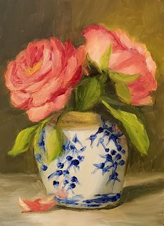 a painting of pink roses in a blue and white vase