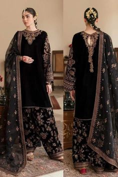 Black winter dresses Velvet Eastern Dresses, Winter Collection For Women In Pakistan, Latest Velvet Dresses Pakistani, Winter Dresses For Women Pakistani, Winter Pakistani Dresses, Velvet Designer Suits, Latest Velvet Dresses, Black Velvet Suit, Velvet Kurta