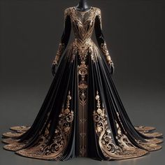 Black And Gold Queen Dress, Black Royal Gown, Dark Fantasy Gowns Queens, Black And Gold Fantasy Dress, Fantasy Queen Outfit, Fantasy Royalty Clothes, Royal Gowns Queens, Fantasy Gowns Queens, Royal Dresses Queens Gowns