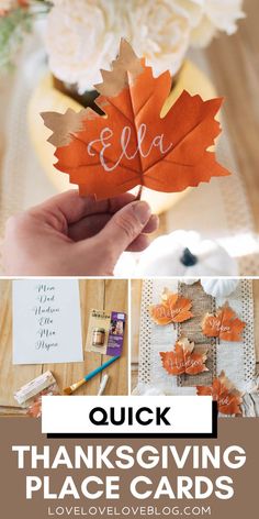 DIY leaf place cards. Leaf Place Cards Thanksgiving, Fall Leaf Place Cards, Diy Thanksgiving Place Cards Kids, Thanksgiving Cricut Name Cards, Thanksgiving Table Place Cards Diy Kids, Thanksgiving Table Seating Ideas, Diy Place Settings Thanksgiving, Thanksgiving Table Settings Name Cards, Diy Place Card Holders Thanksgiving