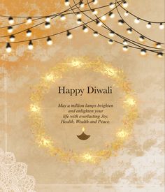 a happy diwali greeting card with lights and garlands on an orange background