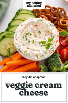 a plate with vegetables, pretzels and dip on it that says easy dip or spread - veggie cream cheese